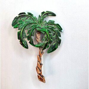 Vintage Palm Tree Brooch Pin Green & Brown Enamel Metal Tropical Jewelry Accesso